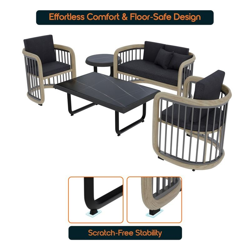 LeisureMod Klyra 5-Piece Aluminum Conversation Set with 2 Accent Chairs, Sofa, Coffee Table, Side Table in Grey Information.