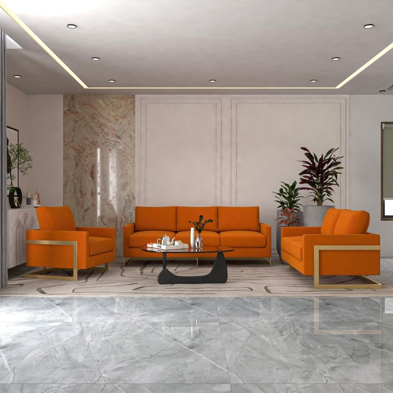 LeisureMod Lincoln 3-Piece Velvet Living Room Sofa Set with Gold Frame Orange Marmalade in Living Room.