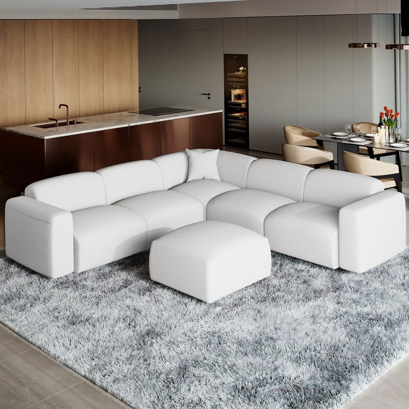 LeisureMod Whisper 4-Seater Conversation Set with a Chaise Lounge Chair in Beige Photo.