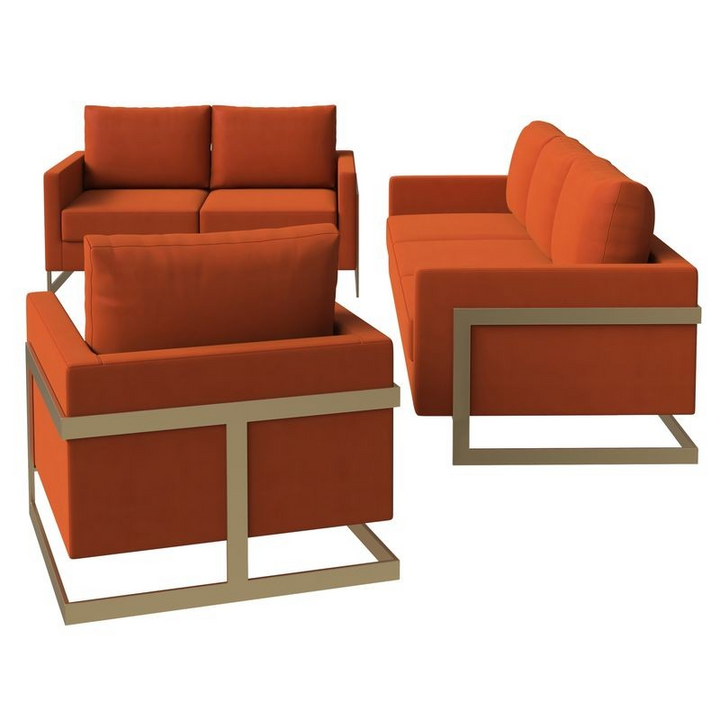 LeisureMod Lincoln 3-Piece Velvet Living Room Sofa Set with Gold Frame Orange Marmalade 3 Pieces.