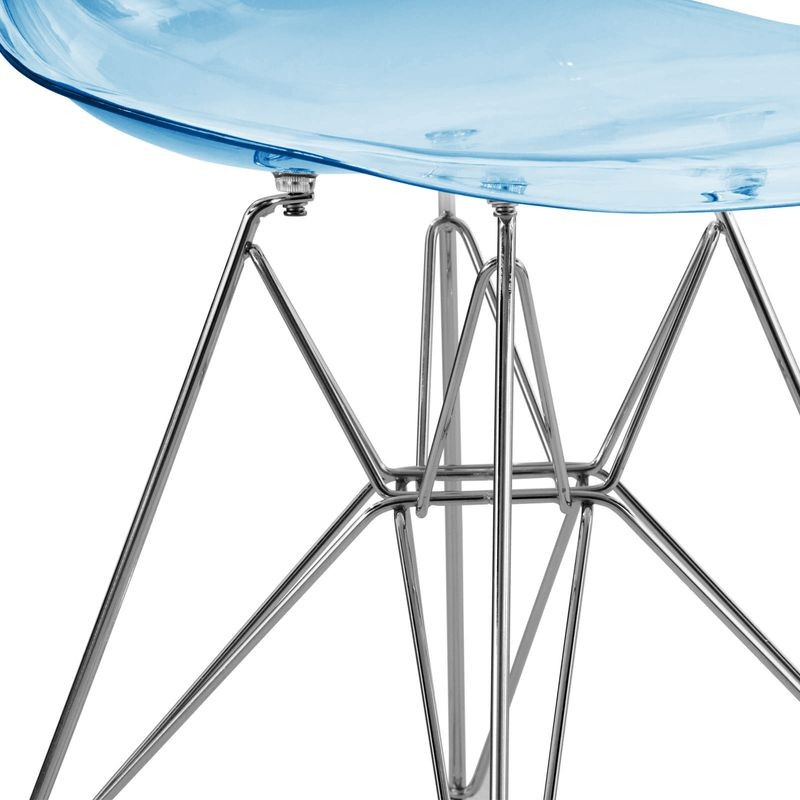 LeisureMod 5-Piece Dining Set 35" Round Dining Table in Black Iron 4 ABS Plastic Side Chair in Chrome Transparent Blue Chair Closeup.