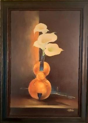 Hei Feng Embellished Oil Print of Violin and Lilly Front Photo with Frame