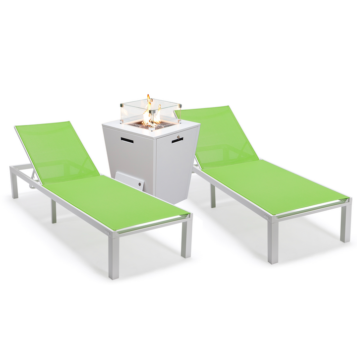 LeisureMod Marlin Modern Aluminum Outdoor Patio Chaise Lounge Chair Set of 2 with Square Fire Pit Side Table Perfect for Patio, Lawn, and Garden Green