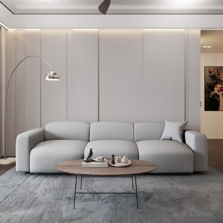 LeisureMod Whisper 6-Seater Conversation Set with Ottoman in Taupe in Room.