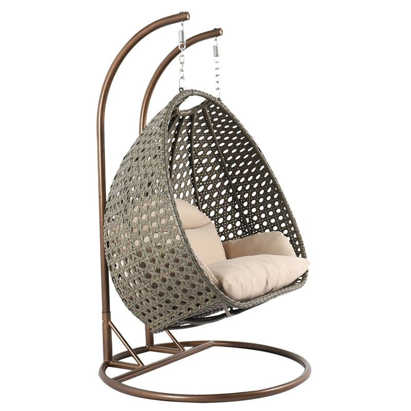 LeisureMod Beige Wicker Hanging 2 person Egg Swing Chair Beige Side View.