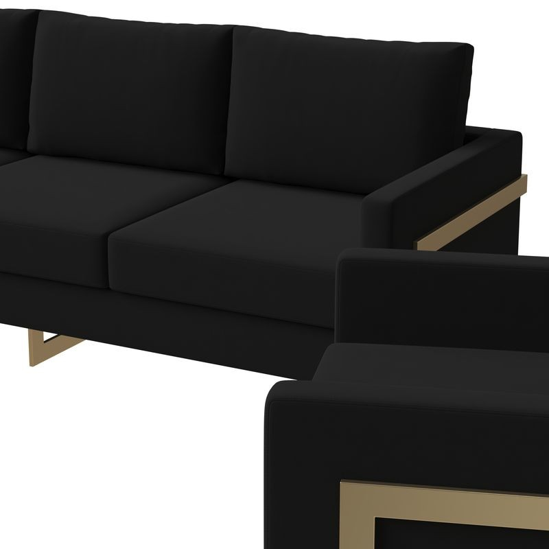 LeisureMod Lincoln 3-Piece Velvet Living Room Sofa Set with Gold Frame Midnight Black Zoomed In.