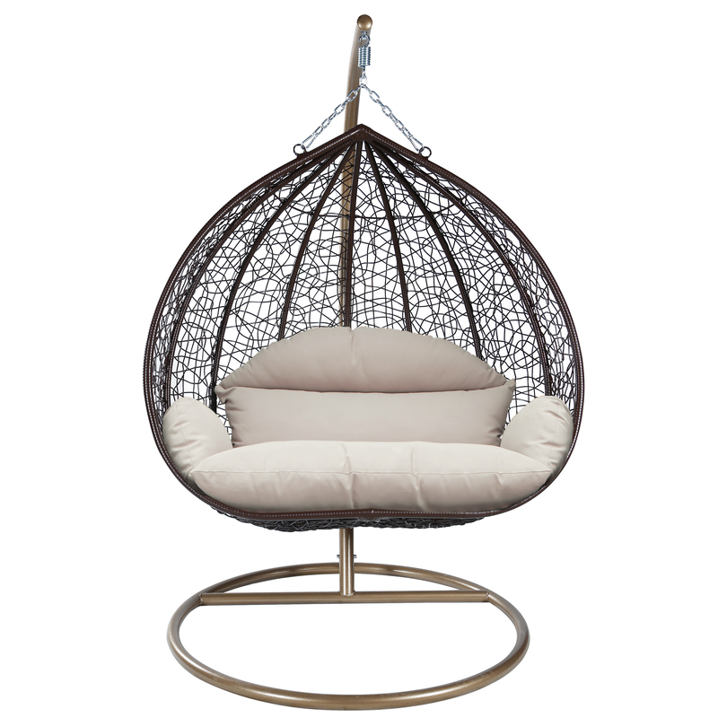 Leisuremod Recluse Collection Modern Outdoor Swing Chair Brown Frame with ES57 Beige Cushion