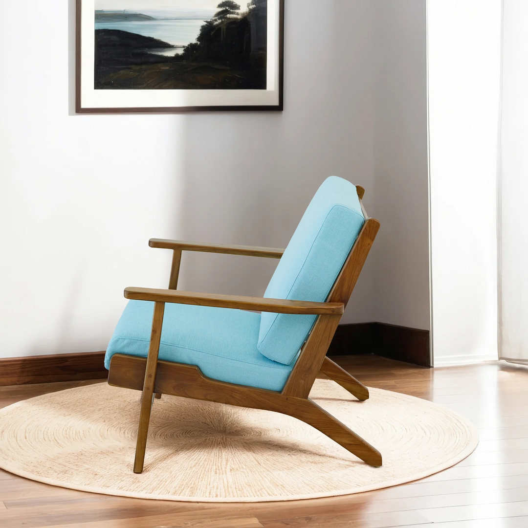Connor Solid Wood Linen Lounge Chair Sky Blue Side View.