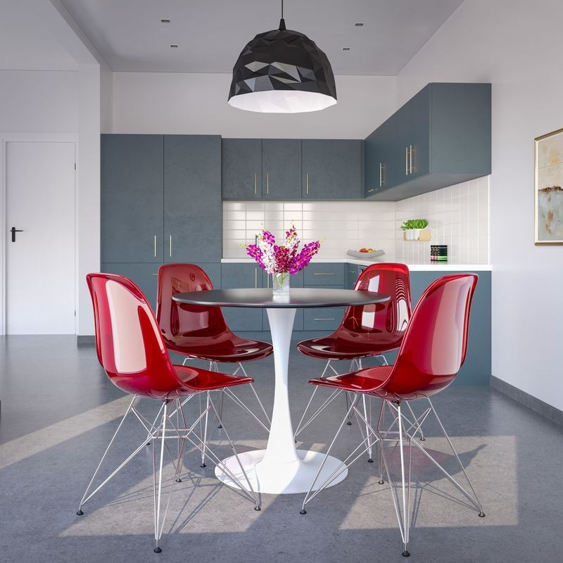 LeisureMod 5-Piece Dining Set 35" Round Dining Table in White Iron 4 ABS Plastic Side Chair in Chrome Transparent Red in Room.