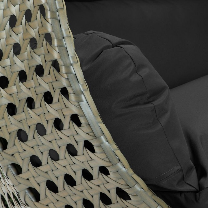 LeisureMod Beige Wicker Hanging 2 person Egg Swing Chair Black Closeup.
