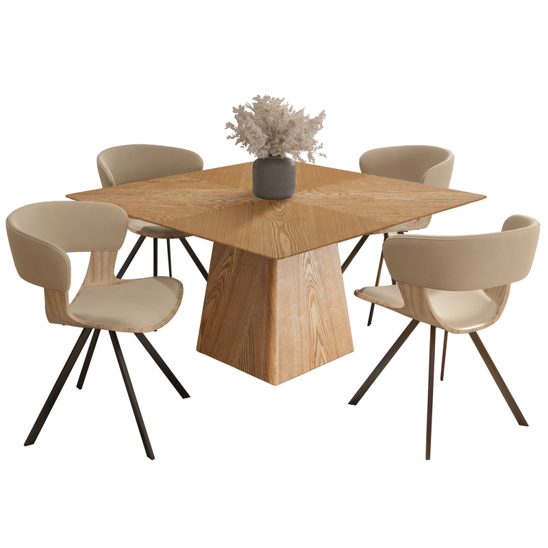 LeisureMod 5-Piece Dining Set with Square Wooden Table in Natural Wood and 4 Leather Dining Chairs in Washed Walnut/Taupe
