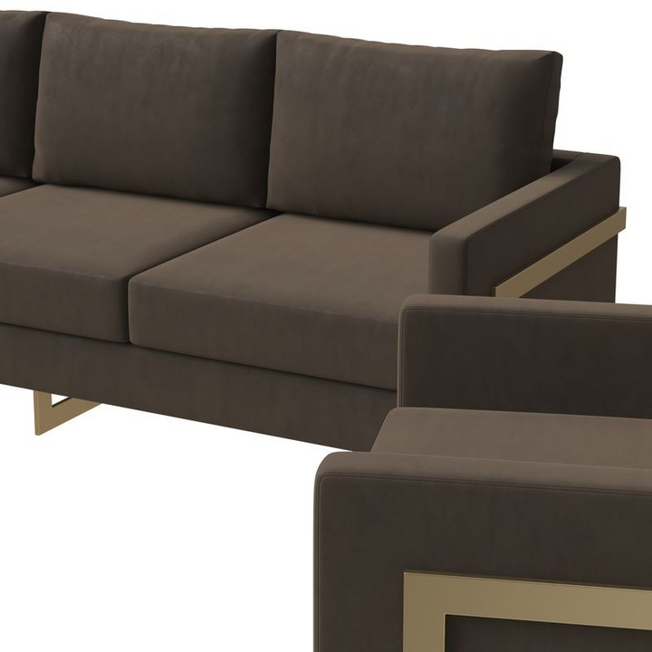 LeisureMod Lincoln 3-Piece Velvet Living Room Sofa Set with Gold Frame Dark Grey Zoomed In.