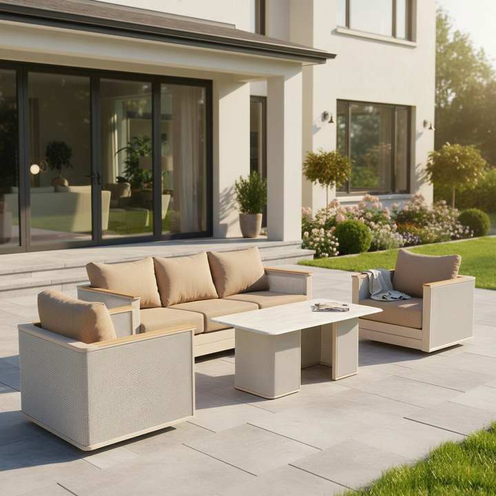 LeisureMod 4-Piece Conversation Set with Coffee Table, Sofa, and 2 Accent Chairs in Taupe Arvin Collection Taupe