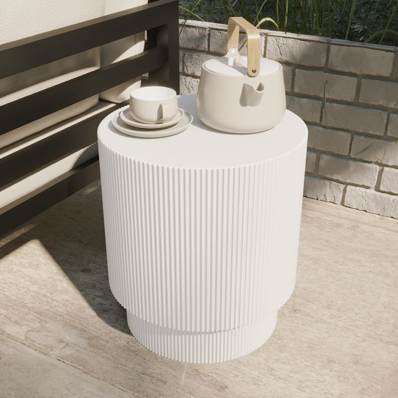 LeisureMod Eden Collection Fiberglass Outdoor Side Table in White Photo.