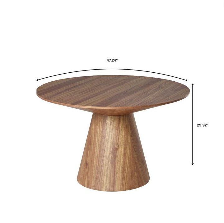 LeisureMod 5-Piece Dining Set with Round Wooden Table in Natural Wood and 4 Leather Dining Chairs in Dark Walnut/Brown Table Dimensions.