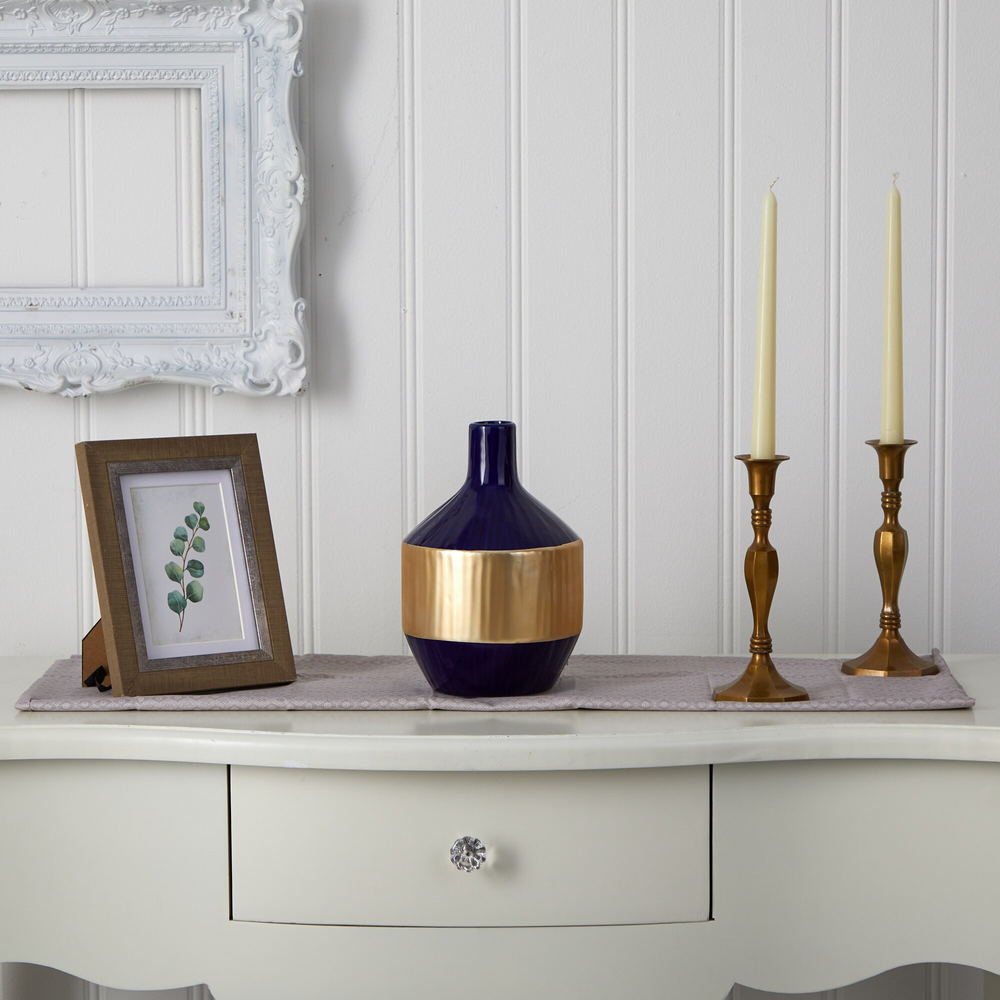 9” Lux Blue Ceramic Vase with Gold Band on Table