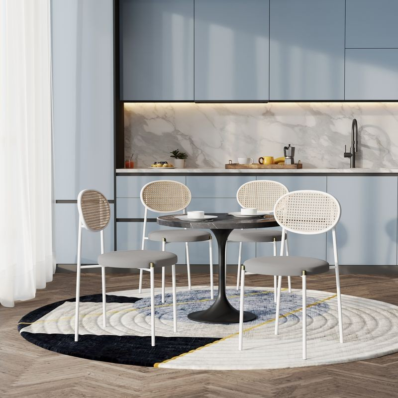 LeisureMod 5-Piece Dining Set with 36" Round Dining Table Black Sintered Stone Top and Black Pedestal with 4 Velvet Dining Chairs in White Steel Legs in Grey