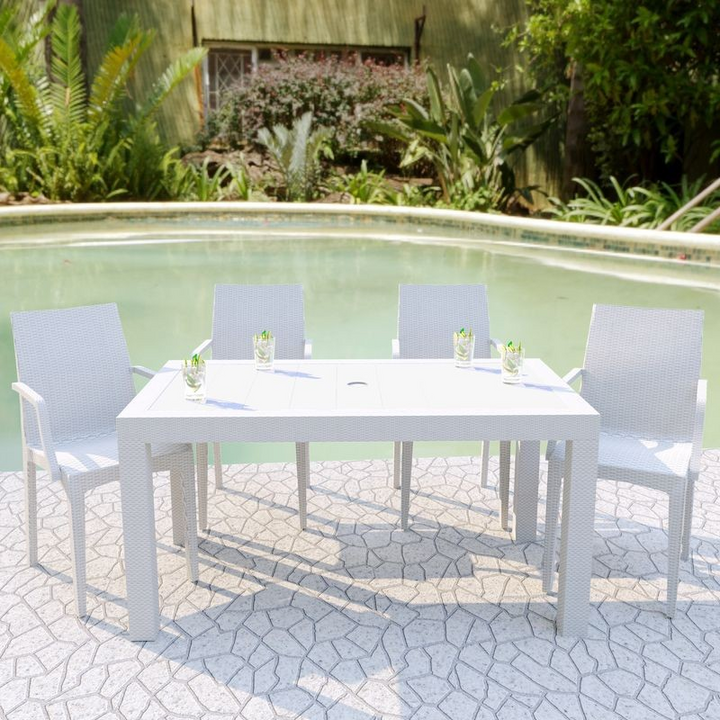 LeisureMod Mace Weave Design Outdoor Dining Table White Photo.