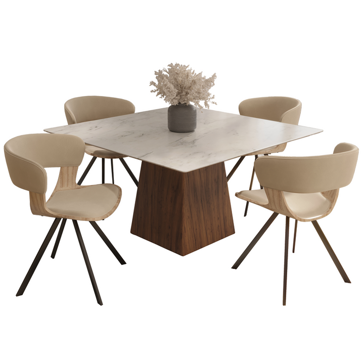 LeisureMod 5-Piece Dining Set with Square Dining Table White Sintered Stone Top and 4 Leather Dining Chairs in Washed Walnut/Taupe