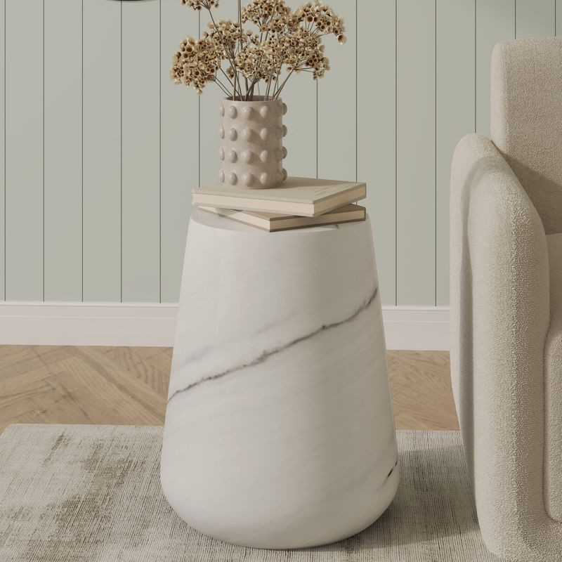 Leisuremod Modern Side End Table Glint Series in Marble White in Room.