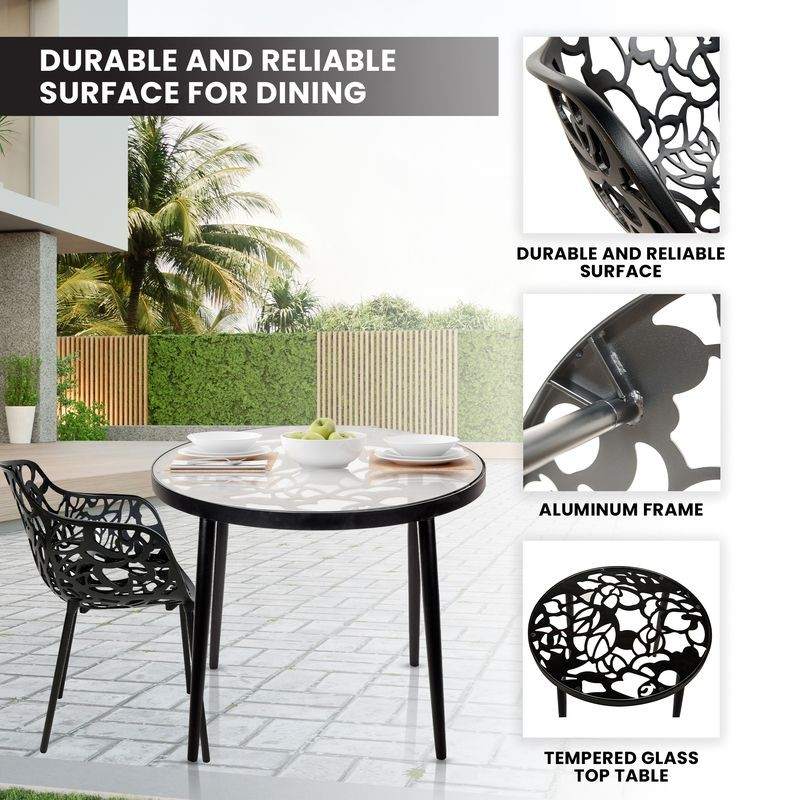 Outdoor dining table set with decorative chairs on a patio, featuring text about durability and reliability.