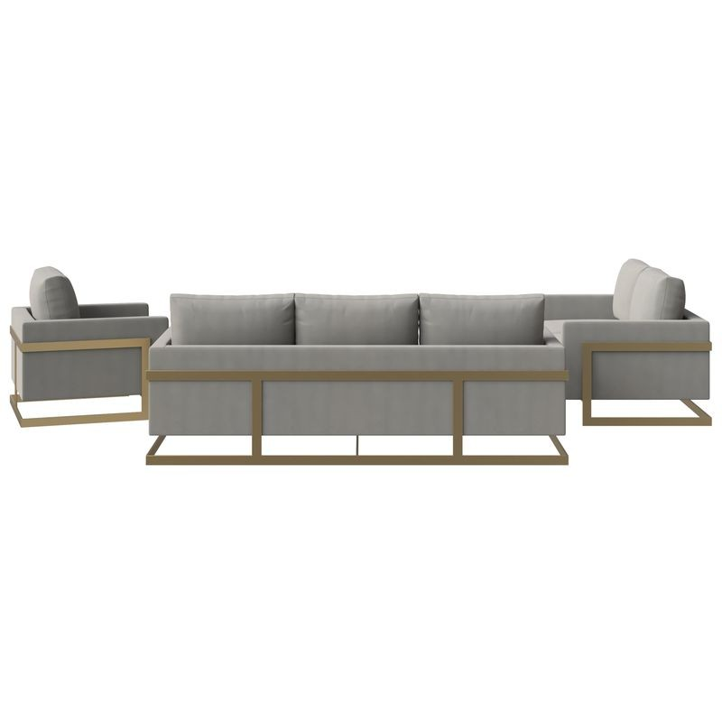 LeisureMod Lincoln 3-Piece Velvet Living Room Sofa Set with Gold Frame Back View.