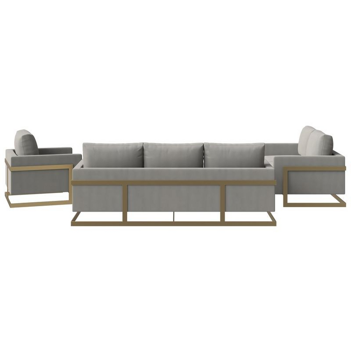 LeisureMod Lincoln 3-Piece Velvet Living Room Sofa Set with Gold Frame Back View.