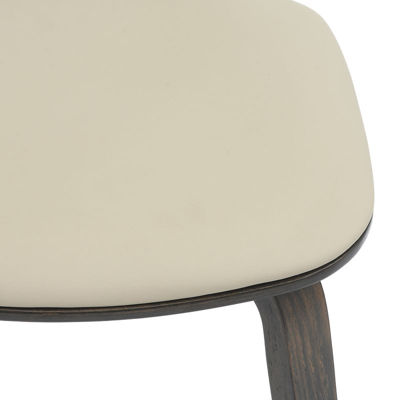 LeisureMod 5-Piece Dining Set with Round Wooden Table in Natural Wood and 4 Leather Dining Chairs in Dark Walnut/Taupe Seat Closeup.