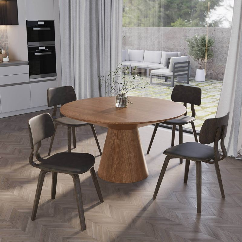 LeisureMod 5-Piece Dining Set with Round Wooden Table in Natural Wood and 4 Leather Dining Chairs in Dark Walnut/Brown in Room.