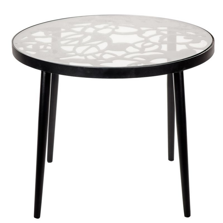 Round table with black frame and white patterned top on a white background.