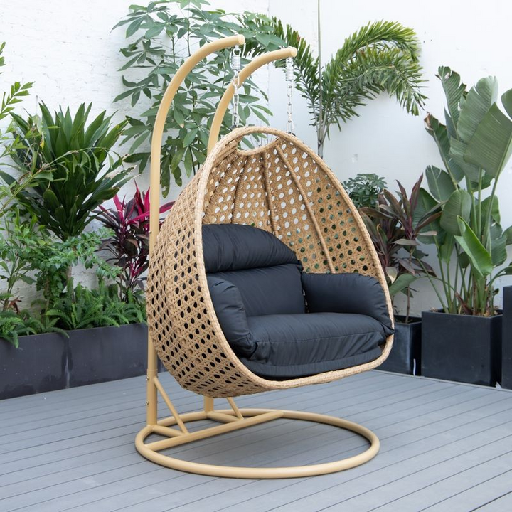LeisureMod Mendoza Light Brown Wicker Hanging 2 person Egg Swing Chair Black Photo.