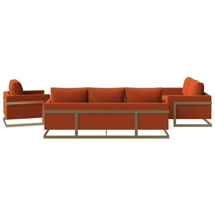 LeisureMod Lincoln 3-Piece Velvet Living Room Sofa Set with Gold Frame Orange Marmalade Back View.
