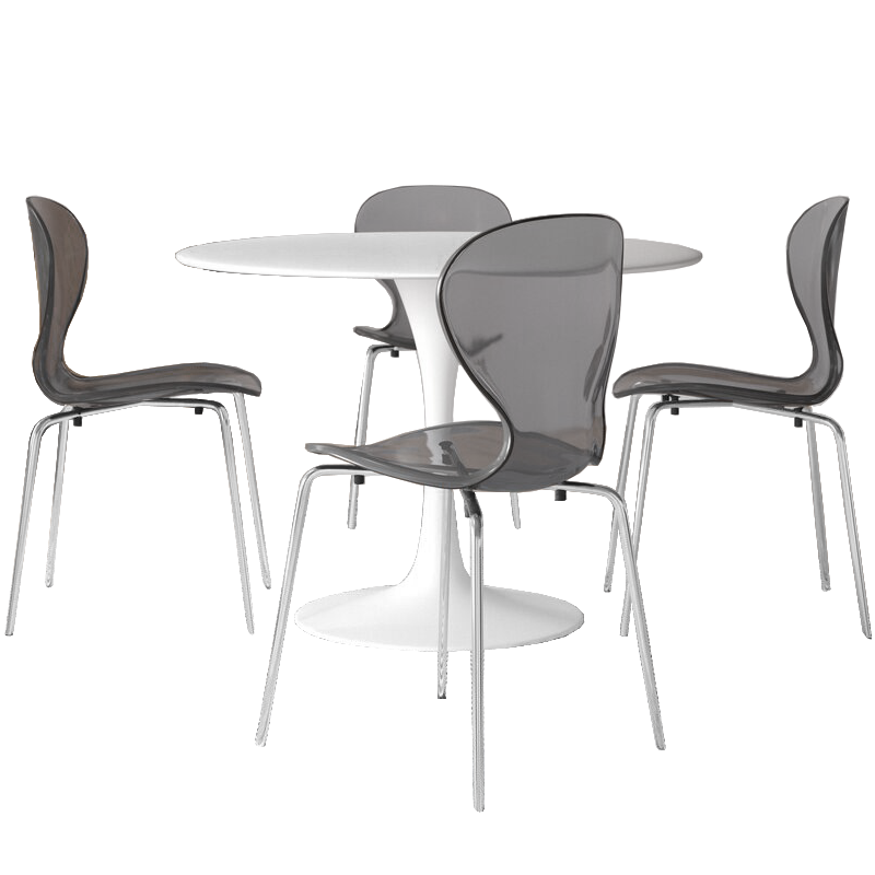 LeisureMod 5-Piece Dining Set Round White MDF Dining Table and 4 Plastic Dining Chairs with Chrome Legs Transparent Black