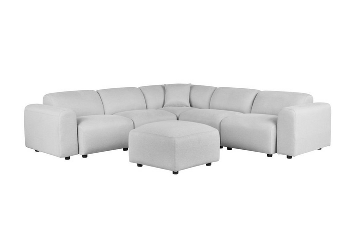 LeisureMod Whisper 6-Seater Conversation Set with Ottoman in Taupe with White Background.