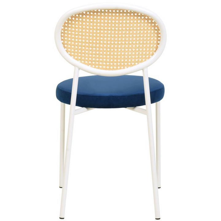 LeisureMod 5-Piece Dining Set with 36" Round Dining Table Black Sintered Stone Top and Black Pedestal with 4 Velvet Dining Chairs in White Steel Legs in Navy Blue Back Chair.