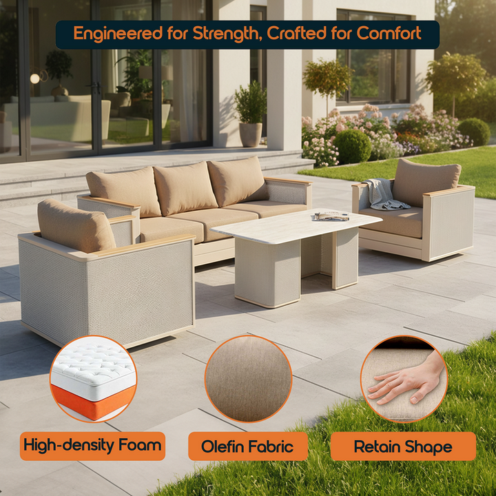 LeisureMod 4-Piece Conversation Set with Coffee Table, Sofa, and 2 Accent Chairs in Taupe Arvin Collection Taupe Details.