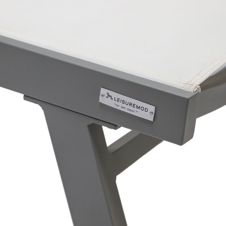 LeisureMod Marlin Patio Chaise Lounge Chair with Armrests in Grey Aluminum Frame, Set of 2 in White Closeup.