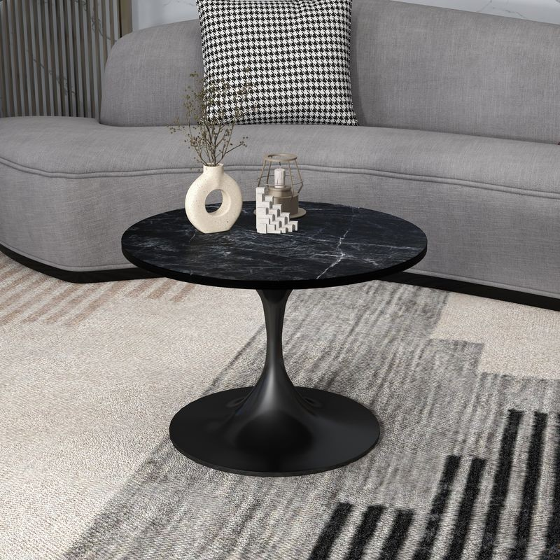 LeisureMod Verve Coffee Table Black base with 27" round Black Marble MDF Top in Room.