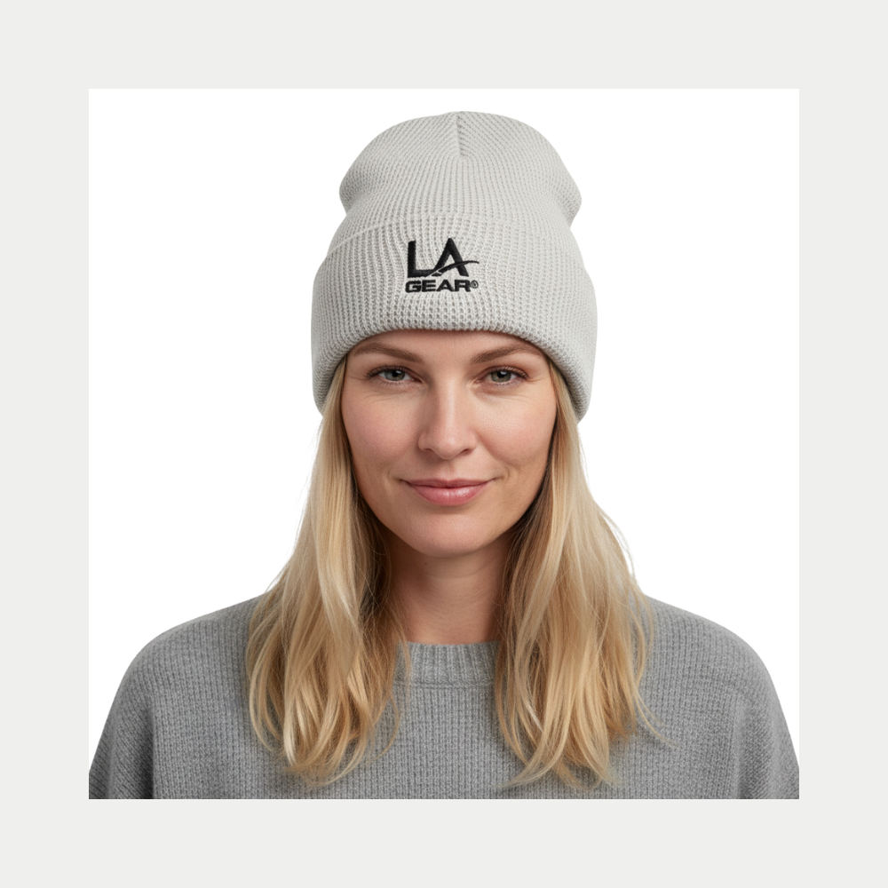 LA Gear Cuffed Waffle Embroidered Beanie Off-White on Model.