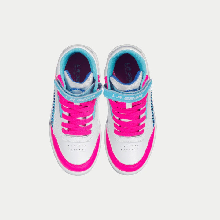 LA Gear Kids Flame High-top White, Pink and Blue