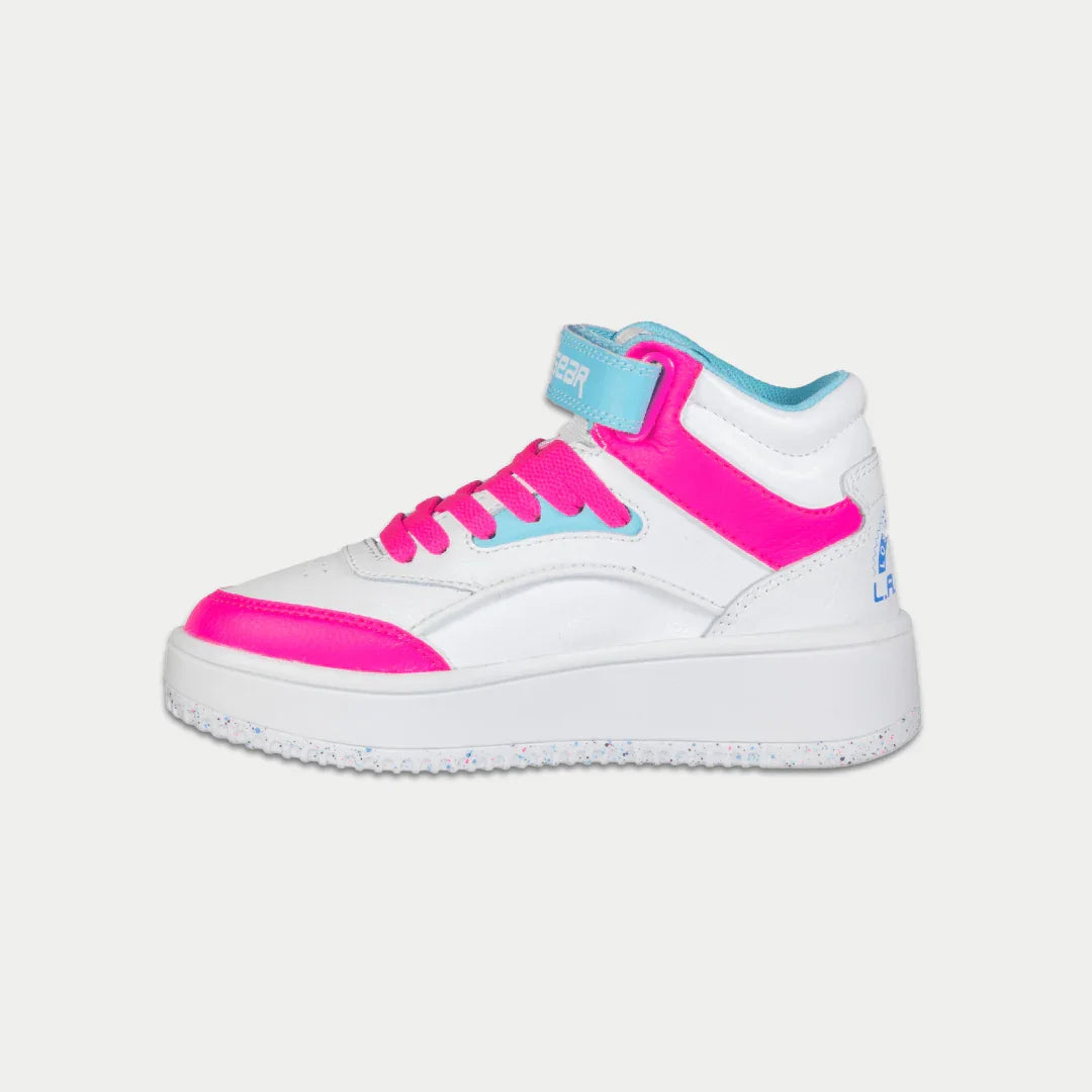 LA Gear Kids Flame High-top White, Pink and Blue