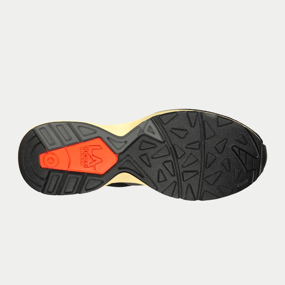 LA Gear Men's Catapult Light-Up Low Top Black and Orange Bottom View.