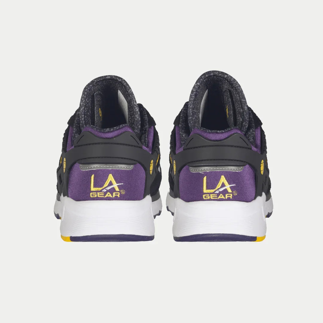 LA Gear Men's Catapult Light-Up Low Top Black x Purple x Yellow Back View.