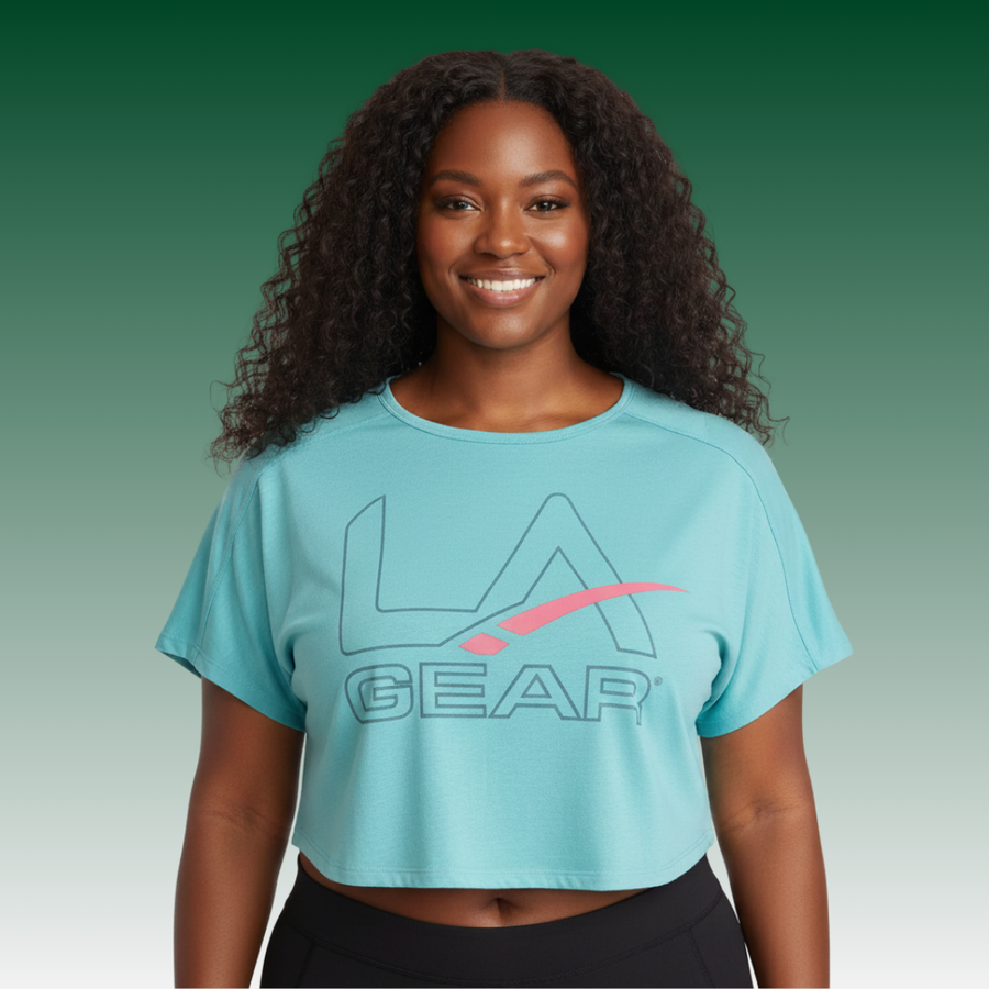 LA Gear Women’s Cropped Tee Light Aqua with Slate and Pink Logo