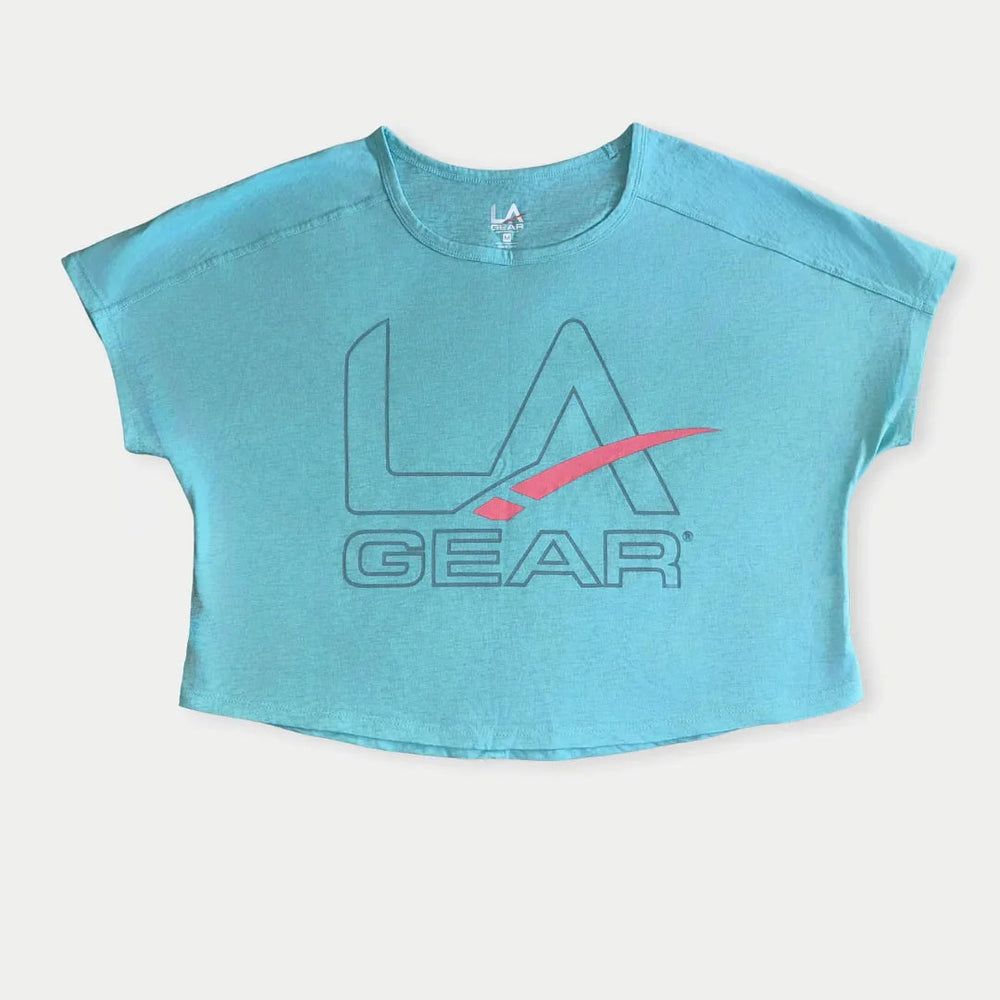 LA Gear Women’s Cropped Tee Light Aqua with Slate and Pink Logo