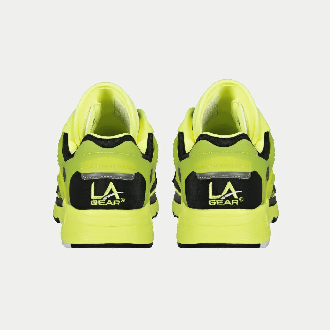 LA Gear Women's Light-Up x Glow Low Top Neon Yellow and Black Back View.
