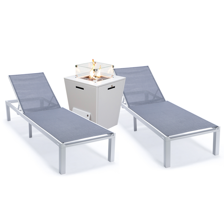 LeisureMod Marlin Modern Aluminum Outdoor Patio Chaise Lounge Chair Set of 2 with Square Fire Pit Side Table Perfect for Patio, Lawn, and Garden Dark Grey