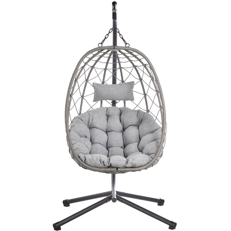 Leisuremod Summit Series Outdoor Egg Swing Chair in Grey with Light Grey Cushions Light Grey Front View.