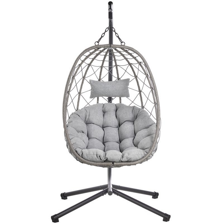 Leisuremod Summit Series Outdoor Egg Swing Chair in Grey with Light Grey Cushions Light Grey Front View.