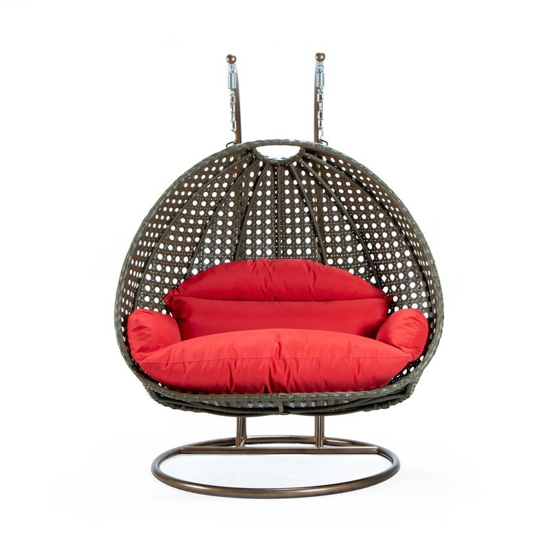 LeisureMod Beige Wicker Hanging 2 person Egg Swing Chair Red